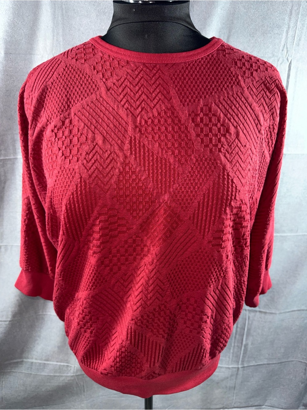 3010-Vicki Wayne’s Vintage Textured Crew Neck Sweater in Deep Red